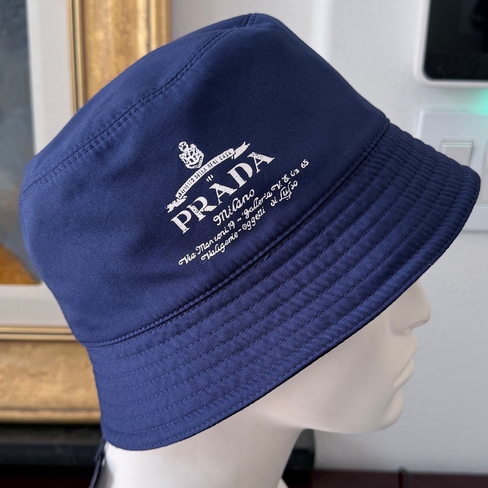 Prada 2HC137 Blue Cotton Blend bucket hat embroidered white stitch logo, Size SM